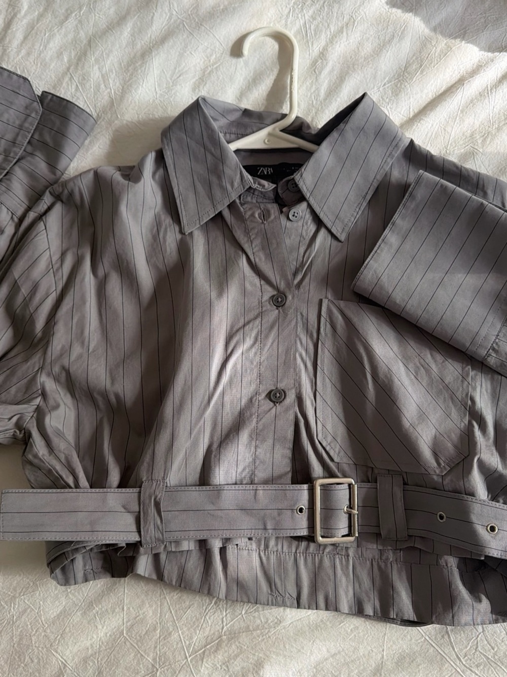 ZARA Gray Pinstripe Belted Shirt